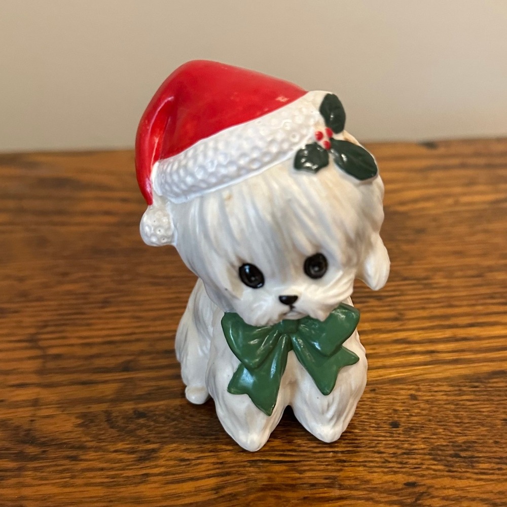 Lefton Maltese Dog Figurine Christmas Santa Hat Green Bow Vintage Japan XH7069